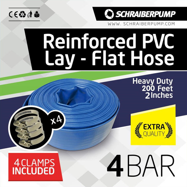 SCHRAIBERPUMP 2-Inch by 200-Feet- General Purpose Reinforced PVC Lay-Flat Discharge and Backwash Hose - Heavy Duty (4 Bar) 4 Clamps Included - B2IN200