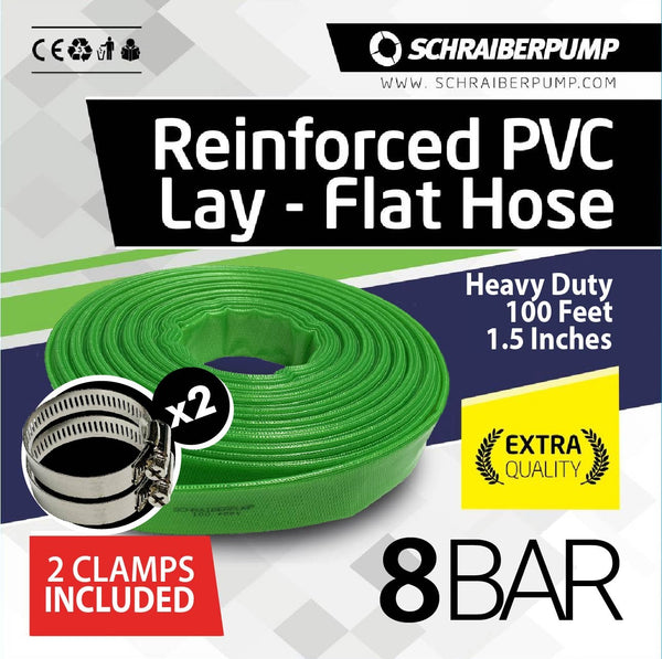 Schraiberpump (8 bar) 1.5-Inch by 100 Feet General Purpose Reinforced PVC Lay-Flat Discharge & Backwash Hose - Heavy Duty - G1.5IN100