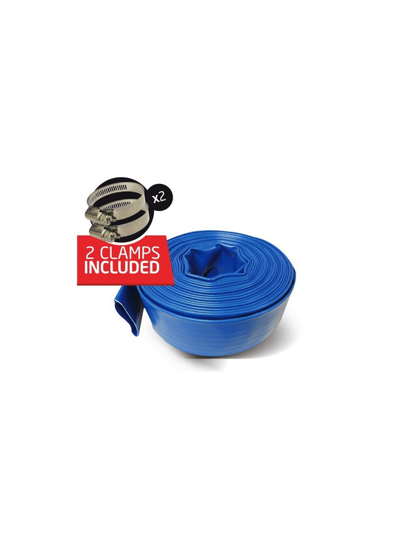 Schraiberpump 1.5-Inch 100ft General Purpose Reinforced PVC Lay-Flat Discharge and Backwash Hose - Heavy Duty 2 CLAMPS INCLUDED -  SCHLFH1.5PP