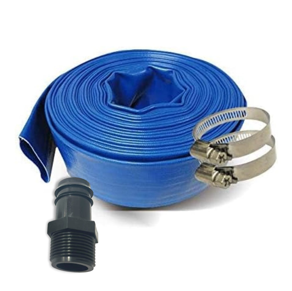 Schraiberpump 1-Inch by 50-Feet- General Purpose Reinforced PVC Lay-Flat Discharge and Backwash Hose - Heavy Duty (4 Bar) 2 CLAMPS INCLUDED + BARB ADAPTER (1 Inch)
