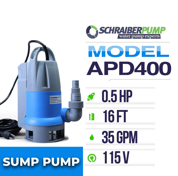 Schraiberpump APD400PP - Submersible Clean/Dirty Water Pump with built in Automatic ON/OFF 2100GPH, 16'Head