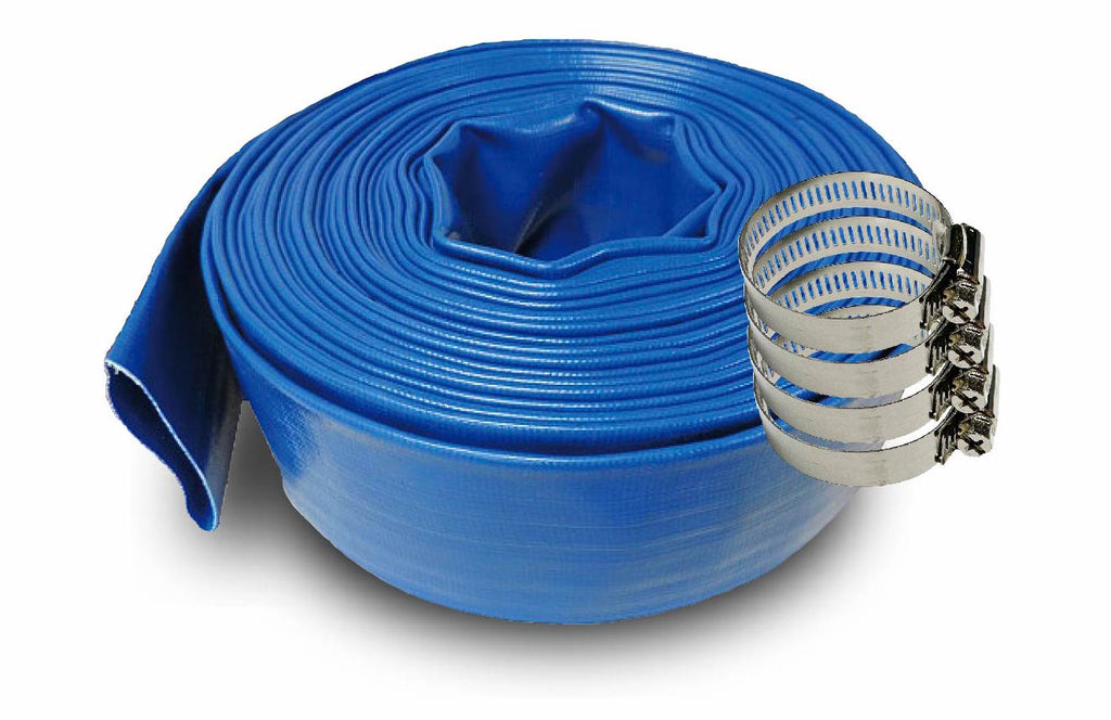SCHRAIBERPUMP 1.5-Inch by 200-Feet- General Purpose Reinforced PVC Lay-Flat Discharge and Backwash Hose - Heavy Duty (4 Bar) 4 Clamps Included - B1.5IN200