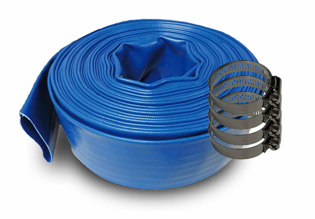 SCHRAIBERPUMP 2-Inch by 200-Feet- General Purpose Reinforced PVC Lay-Flat Discharge and Backwash Hose - Heavy Duty (4 Bar) 4 Clamps Included - B2IN200