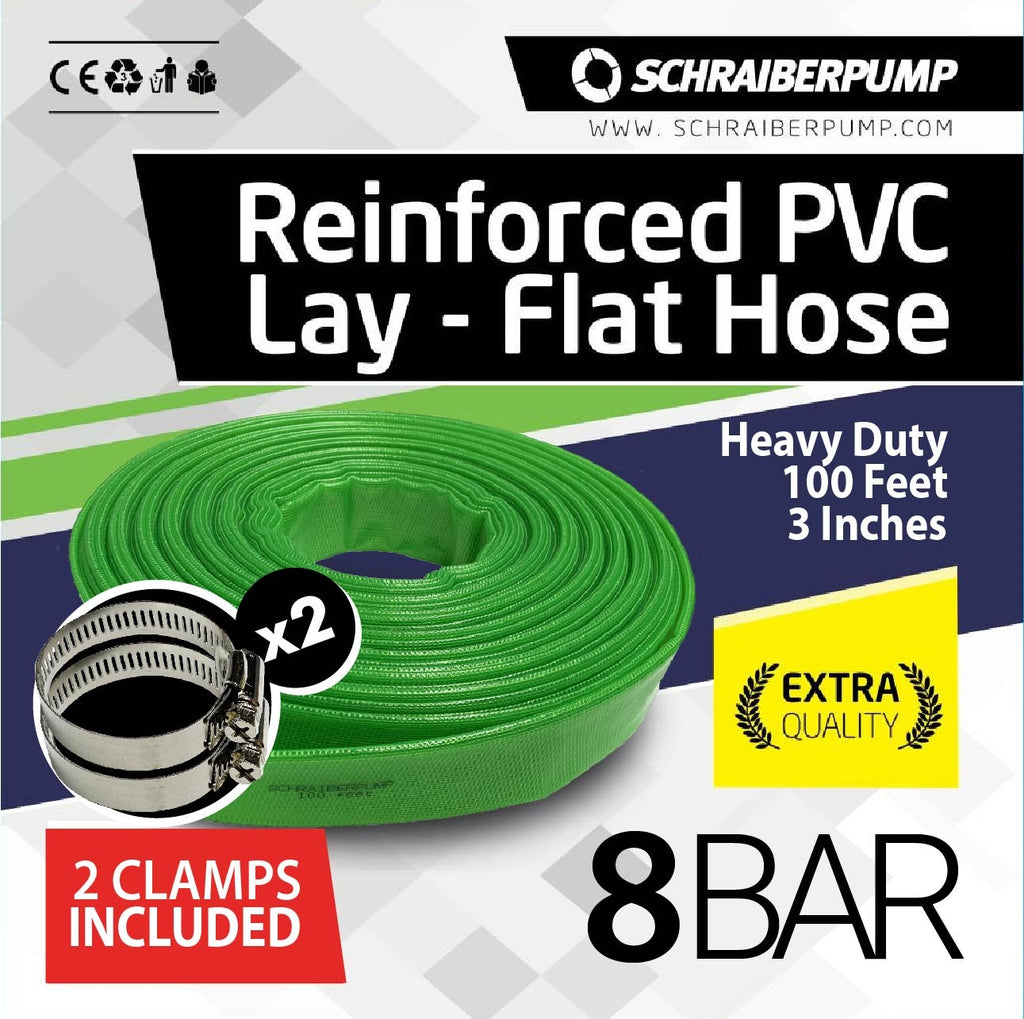 Schraiberpump (8 bar) 3-Inch by 100-Feet-General Purpose Reinforced PVC Lay-Flat Discharge and Backwash Hose Heavy Duty (8 Bar) (116 PSI) CLAMPS I - 1